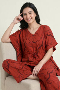 Zivame Woven Kaftan Loungewear Set - Burnt Brick — thumbnail 5